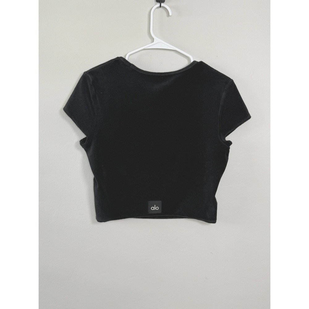 Alo Yoga Crop Top Womens M Black Athleisure Terry Cloth Square Neck Short Sleeve